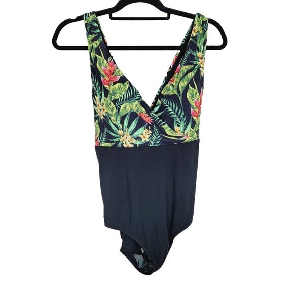 Calia Swim One Piece 14 Swimsuit Bathing Suit Black Tropical Padded Shelf Bra - Picture 1 of 6